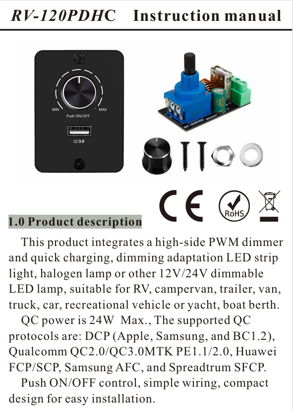 12V 24V LED CV Dimmer for RVs Yachts with USB 1