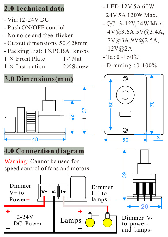 12V 24V LED CV Dimmer for RVs Yachts with USB 2